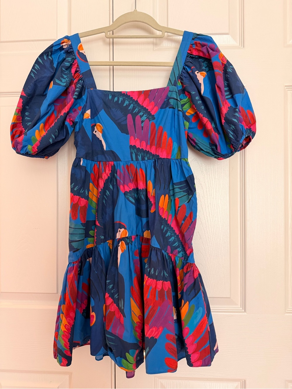 Farm Rio XS Rainbow Macaw Mini Dress Babydoll Smocked Back Puff Sleeve Cotton - Picture 6 of 12